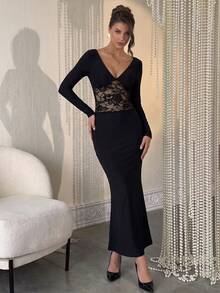 Women's Contrast Lace V-Neck Long Sleeve Fitted Elegant Party Dress - Black - View 7
