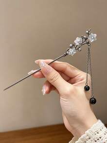 1pc Gun Gray Flower Butterfly Chain Pendant Metal Hair Stick, Women's Back Head Bun Hair Pin, Vintage Atmosphere Hair Accessory - Multicolor - View 5