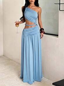 Gaun Panjang Rajut Tanpa Lengan Satu Bahu DOUCIU untuk Wanita, Tanpa Punggung, Model Pas dan Mengembang - Baby Blue - View 4