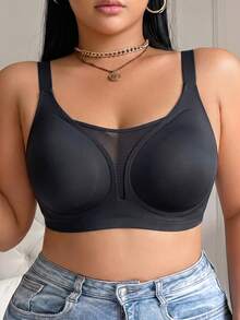 Plus‑Size Seamless Wire‑Free Bra, Linear Print Breathable V‑Neck With Adjustable Wide Straps, Comfort Daily Women's Underwear - Black - View 1