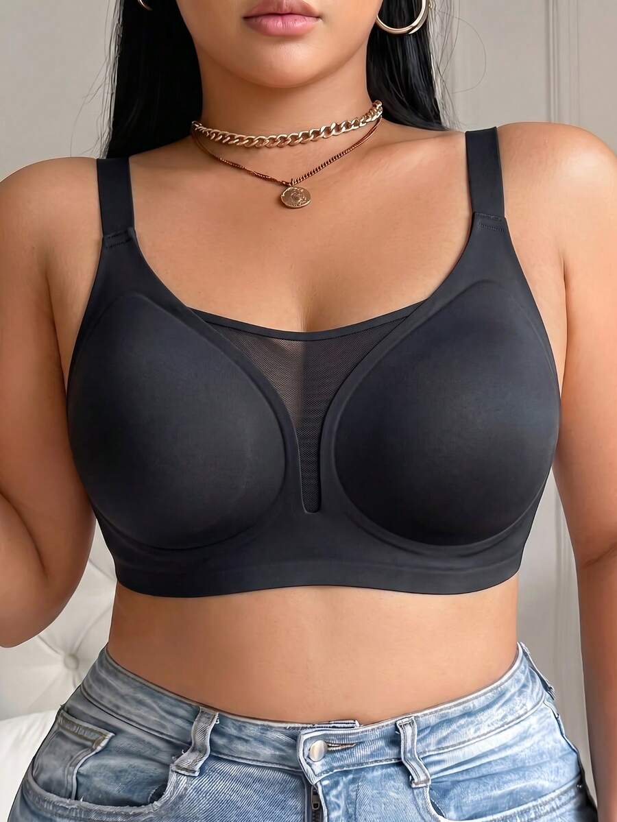Plus‑Size Seamless Wire‑Free Bra, Linear Print Breathable V‑Neck With Adjustable Wide Straps, Comfort Daily Women's Underwear - Black - View 1