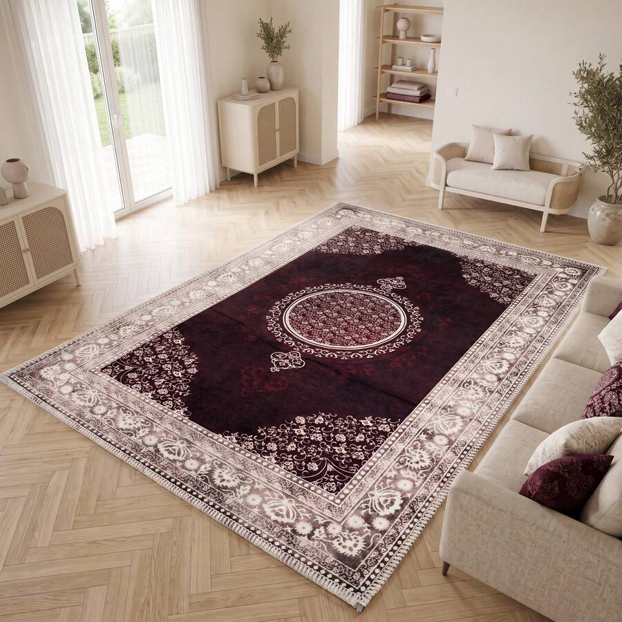 Washable Modern Minimalist Patterned Area Rug – Scandinavian Geometric Design, Contemporary Washable Carpet For Living Room, Bedroom & Home Decor - Mocha Brown - View 1