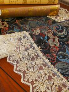 HXARTMIS 1pc Vintage Floral Print Table Runner, Gold Lace Hollow Embroidery Tablecloth, Rectangular Decorative Table Runner, Suitable For Sideboard, Dining Table, Wedding, Party, Home Decor - Black - View 8