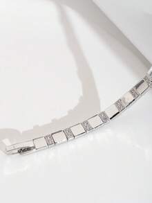 1pc Minimalist Elegant Sparkling Cubic Zirconia Inlaid Polished Square Design Bracelet, Suitable For Women's Wedding And Party Wear, Gift Box Not Included - Silver - View 5