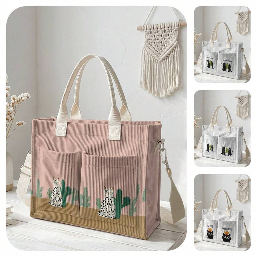 1pc Cartoon Cat & Plants Print Corduroy Multi-Pocket Large Capacity Storage, Snap Button Closure, Shoulder Tote Bag For Women Daily Commute School - Multicolor - View 1