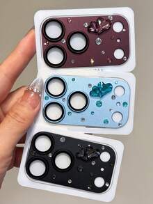 Luxury Shining 3D Heart Diamond Rhinestone Handmade Camera Protector Compatible With IPhone 18 Pro Max 18 Pro 17 Pro Max 17 Pro Matte Scratch-Proof Lens Glass Tempered Film - Burgundy - View 3