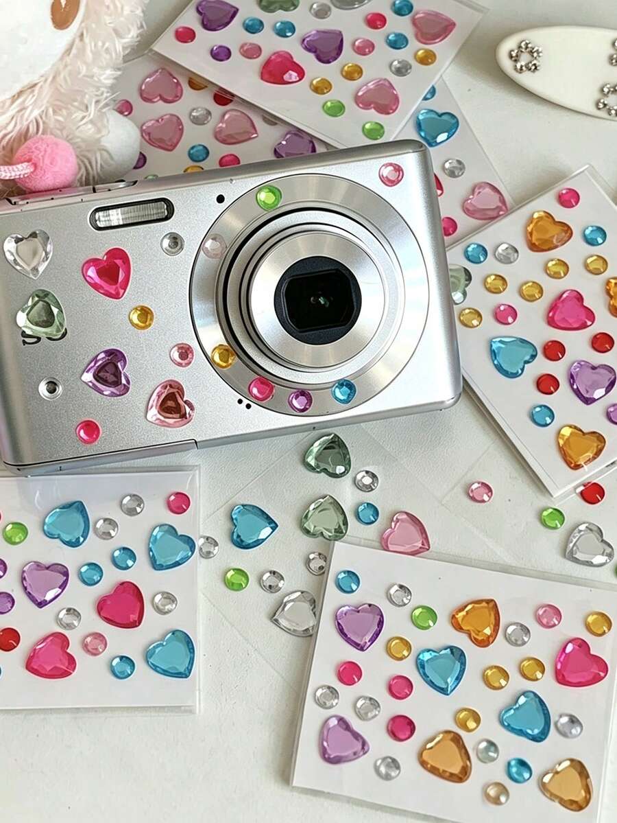 1/4/8/12/24pcs Self-Adhesive Shiny Acrylic Rhinestone Stickers, Heart Gem Decorative Stickers, Music Festival, Concert Look, Valentine's Day Sparkling Face Gems, Easy To Apply DIY Handmade Creative Decoration (Random Style) - Multicolor - View 1
