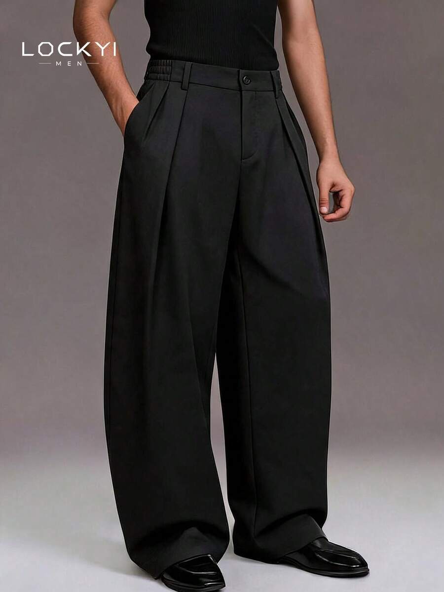 1pc Men's Spring/Autumn Korean Street Style Minimalist Structured Loose Wide Leg Casual Trousers - Black - View 1