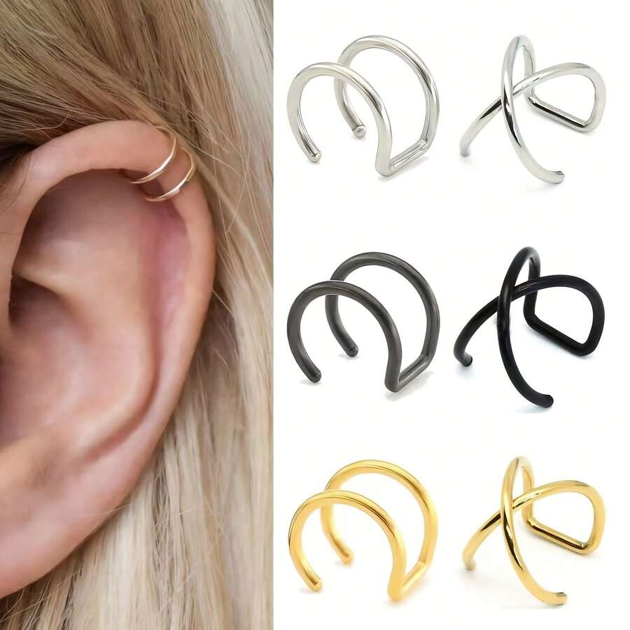 Bộ 2 chiếc khuyên tai kẹp sụn tai vòng đôi bằng thép không gỉ, không cần bấm lỗ, phụ kiện đa năng cho sụn tai và môi, phù hợp đeo hàng ngày, unisex - Bộ 2 món - Xem 1