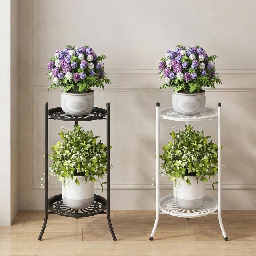 2-Tier Wrought Iron Plant Stand, Round Flower Pot Display Rack, Space-Saving Corner Plant Holder, Suitable For Home And Balcony Decor - Multicolor - View 1