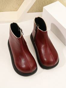 1 Pair Girls' Round Toe Black Side Zipper Ankle Boots, Suitable For Autumn/Winter Daily Wear - Burgundy - View 3