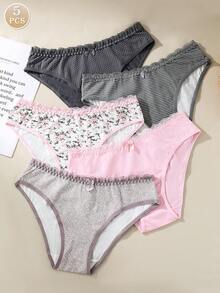 5件組女性性感浪漫蕾絲飾邊印花內衣套裝，日常穿著 - 彩色 - 查看 11