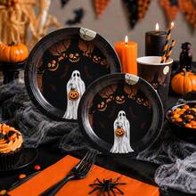 20/24/40pcs/Set Haunted Dark Forest Ghost Pumpkin Moon 7/9 Inch Round Paper Plates And Cups Set, Halloween Night Disposable Tableware, Gothic Garden Dinner, Dessert Table, Outdoor Picnic, Camping BBQ And Buffet Decoration - Multicolor - View 3