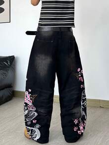 Justice Brother 1pc Korean Streetwear Style Personalized Design Dual-Color Embroidered Leg Black Denim Jeans Men's All-Season Versatile Loose Comfortable Wide Leg Pants (Belt/Accessories Not Included) - Black - View 3