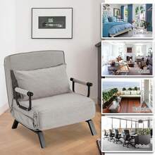Silla de Cama Convertible, Sofá Plegable de Ocio con Respaldo Ajustable de 6 Ángulos, Cama Individual para Departamento u Oficina - Gris Claro - Ver 2