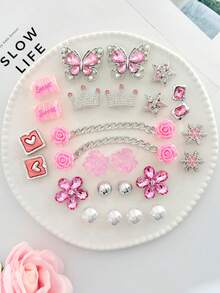 Pink Sweet Cool Style Rhinestone Clog Shoe Charms, Butterfly Crown Candy Rose Alloy Resin Shoe Flower Set, Compatible With Clogs - Pink - View 1