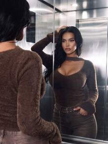 Women's Casual Plush Deep V-Neck Bell Sleeve Fitted Sweater, Everyday Wear, Autumn/Winter Clothing, Autumn/Winter Outfit, Long Sleeve Top - Dark Brown - View 6