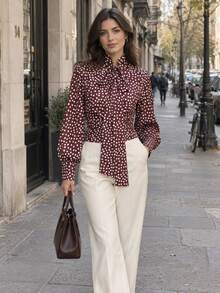 Women's Spring/Autumn New French Coffee Color Polka Dot Blouse, Loose Comfortable Top, Fashionable Versatile Long Sleeve Top - Brown Polka Dot - View 2