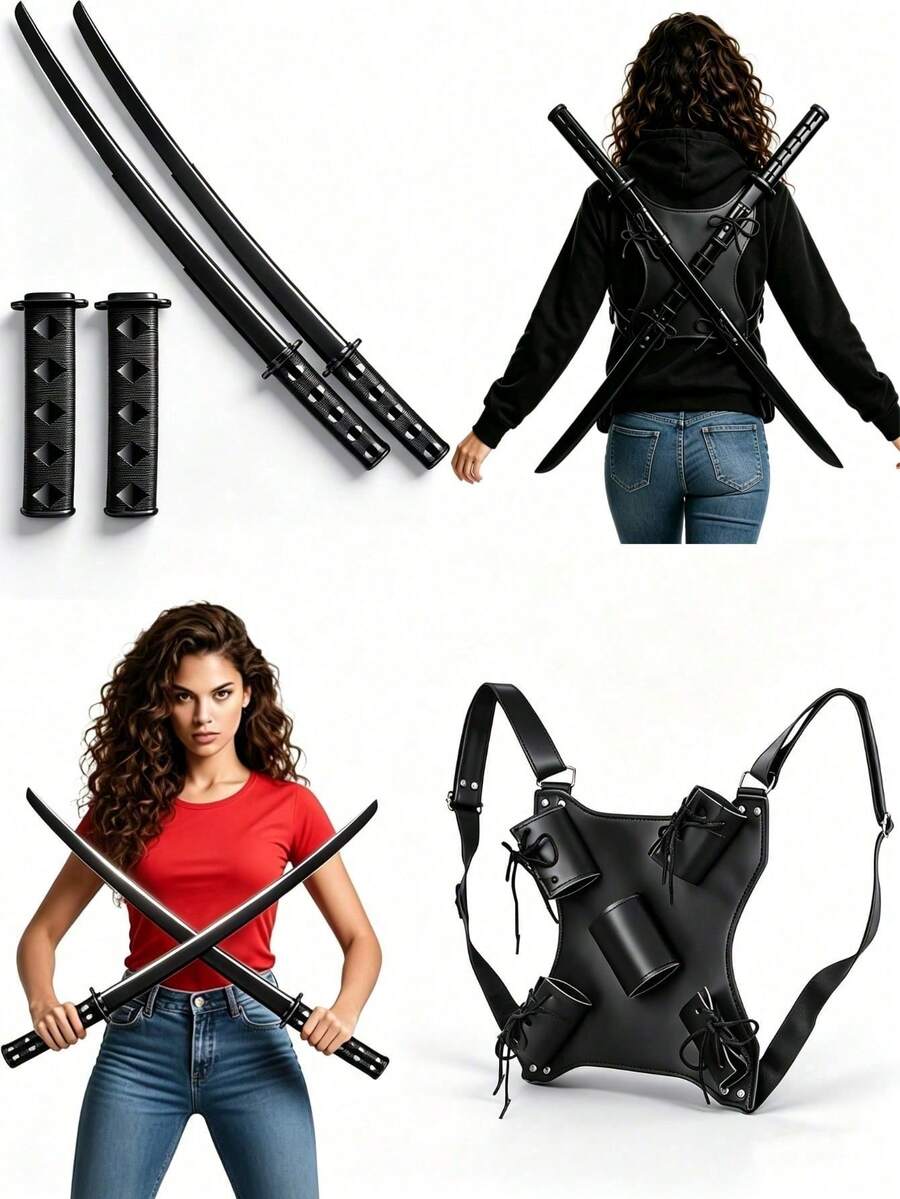 3pcs Retractable Katana Model Props, Halloween Cosplay Battle Props, With Sword Back Leather Scabbard, Sword Bag And Back Protector, Adjustable Leather Dual Sword Back Harness, Sturdy And Durable For Easy Carrying, Portable Storage Bag Compatible With Anime Cosplay Costumes; Black, White, Pink Optional, Dual Shoulder Strap Unisex, Convenient For Wearing And Display, Anime Enthusiast Costume Accessory, Suitable For Various Cosplay, Theme Party Styling - Multicolor - View 1