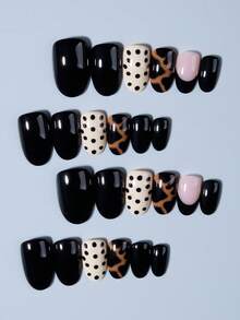 24pcs Short Oval Leopard Print & Black French Manicure Nail Stickers, Polka Dot & Leopard Design, Perfect Fit Acrylic False Nails Set, Includes 1pc Jelly Glue & 1pc Nail File, Autumn Nails, Suitable For Girls' Daily Wear Or Party Use - Multicolor - View 4