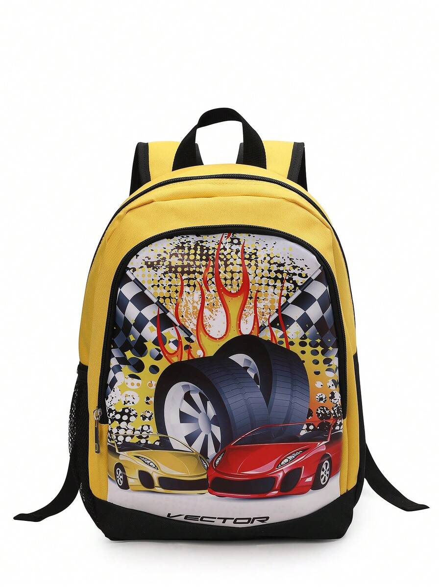 Tas Ransel Anak-Anak Motif Kulit PU dengan Desain Kart Balap dan Skateboard, Dicetak UV, Warna Cerah dan Berwarna-warni, Tali Bahu Tebal dan Meredakan Tekanan Dapat Mengurangi Tekanan pada Bahu, Warna Cerah dan Pola yang Kaya, Tas Ransel Ini Adalah Hadiah Sempurna untuk Anak-Anak, Desain Belakang dengan Spons Bernapas, Tas Ransel Kasual Modis yang Bernapas - Mobil balap berwarna hitam dan kuning - View 1