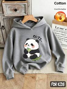 Autumn/Winter 3 Pieces Set Girls' Hooded Fleece Sweatshirt Grey Long Sleeve Cartoon Panda Print Sweet Text Y2K Style - Heather Gray+Heather Gray+Heather Gray - View 2