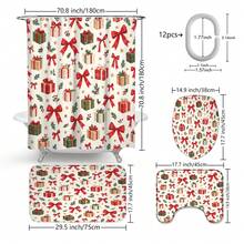 1pc/4pcs Large Bow Gift Box Pine Branch & Star Pattern Multi-Functional Bathroom Decor Shower Curtain Set, Free 12 Hooks, Premium Holiday Atmosphere, Bathroom Mat, U-Shaped Floor Mat And Round Toilet Lid Cover, Suitable For All Occasions, Bathroom Set - Gift Box With Large Bow, Pine Branches, and Stars - View 3