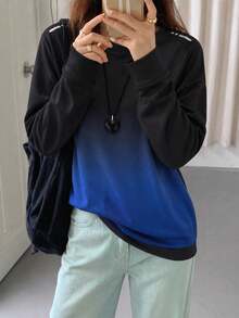 Women's Gradient Long Sleeve Athletic Sweatshirt, Crew Neck Ribbed Cuff Training Top For Fitness And Daily Casual Wear - Black - View 6