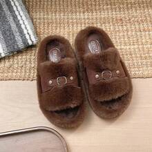 Women Fuzzy House Slippers, Plush Open‑Toe Slides With Metal Buckle, Thick Sole Warm Indoor Home Slippers For Fall Winter - Coffee - View 3