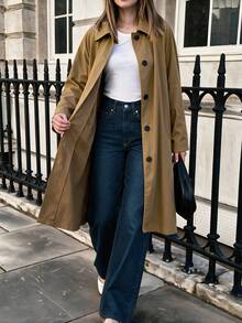 Minimalist Twill Straight Wool Coat Women Pocket Midi Work Travel Fall Winter Fashion - Brown - View 8