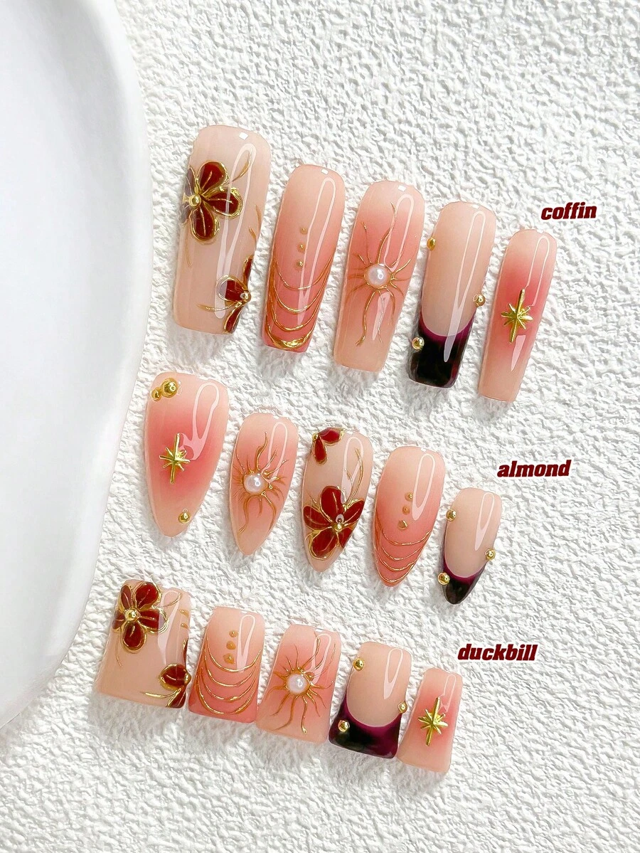 10件精緻手工穿戴式美甲,Polygel美甲套組,星爆花卉紅棕配色,時尚風格,3種尺寸可選,杏仁/鴨嘴/棺材形,適合派對、跳舞、日常穿戴(手工細節可能有所不同) - 彩色 - 查看 1