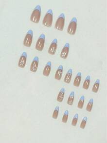 24 件白色花朵和绿色装饰 3D 法式简约优雅风格中长杏仁形假指甲套装，适合办公室女士、日常佩戴、约会、下午茶、外出按压指甲美甲用品指甲 - 彩色 - 查看 2