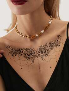 1pc Black Aesthetic Exquisite Symmetrical Rose Chain Pattern Temporary Tattoo Sticker, Waterproof DIY Party Gift, Holiday Gift, Music Festival Tattoo Sticker For Shoulder, Neck, Collarbone, Back - Black - View 4