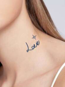 1pc Herbal Juice Semi-Permanent Magic Tattoo Sticker, Minimalist Love & Star Pattern, Long-Lasting 14 Days, Non-Fading, Non-Reflective, Temporary Tattoo For Arm, Shoulder, Neck, Collarbone And Body - Blue - View 2