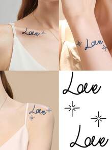 1pc Herbal Juice Semi-Permanent Magic Tattoo Sticker, Minimalist Love & Star Pattern, Long-Lasting 14 Days, Non-Fading, Non-Reflective, Temporary Tattoo For Arm, Shoulder, Neck, Collarbone And Body - Blue - View 1