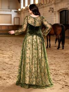 Plus Size Fall Winter Elegant Sequin Leaf Embroidery Tulle Spliced Crinkle Texture Knit Illusion Long Sleeve Mock Two Pieces Maxi Gown, Party Wedding - Dark Green - View 3