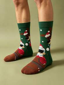 1 Pair Men's Cool Christmas Santa Claus & Reindeer Print Mid-Calf Socks - Green - View 5