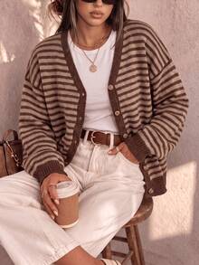 Women Striped V Neck Button Front Cardigan, Casual Drop Shoulder Long Sleeve Loose Knit Sweater Coat For Fall Daily - Redwood - View 1