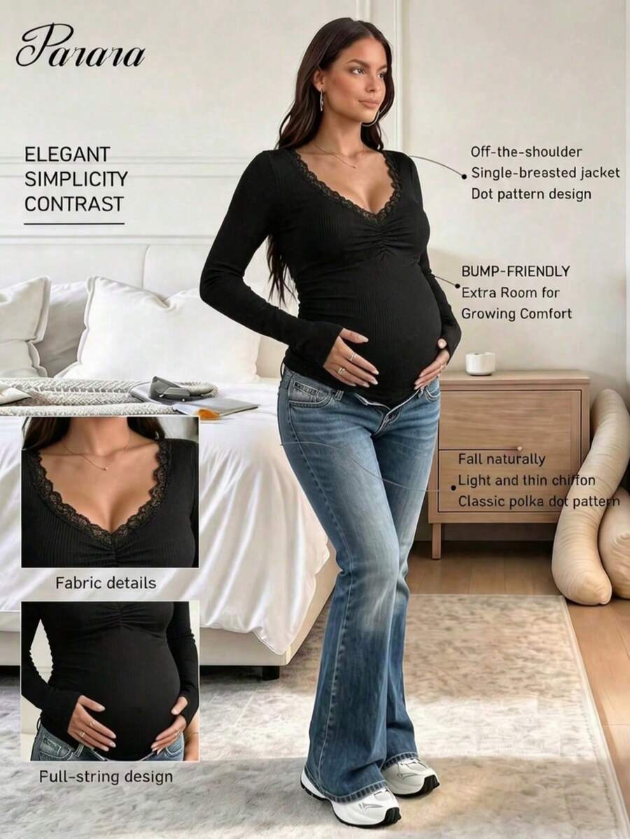 Parara Women's Long Sleeve V-Neck Ribbed Knit Top, Decorated With Contrast Lace Ruffle Details, Medium Stretch Fabric, Autumn/Winter - Black - View 1