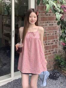 韓系對比格紋繫帶細肩帶上衣，寬鬆休閒度假風，百搭夏季穿搭 粉紅色 - 粉色 - 查看 2