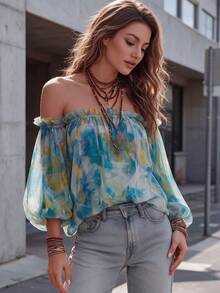 Women's Full Floral Print Casual Versatile Daily Vacation Beach Holiday Fashion Sexy Off-Shoulder Top - Blue - View 6