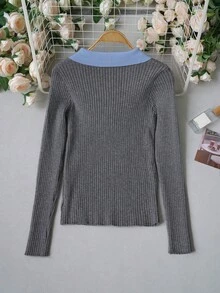 Contrast Color Polo Collar Knit Sweater For Women, Light Blue Lapel With Gray Ribbed Slim Fit, Metal Button Design, Exquisite Youthful Long Sleeve Style Suitable For Commuting, Daily Wear, Dating And Versatile As Inner Layer Or Outerwear - Grey - View 6