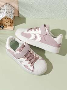 1 Pair 2026 Girls' Wavy Trim Contrast Color Decor PU Fabric Shell Round Toe Low-Top Hook & Loop Flat Sneakers, Fresh & Cute Style, Suitable For Spring/Autumn, Christmas, Halloween, Daily Wear - Purple - View 4