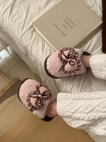 XIXITIAO Cute Sweet Bow Closed Toe Slippers, Plaid Pattern Warm Comfortable House Slippers - Pink - View 5