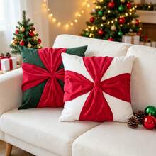 1pc Red Green Red White Bow Christmas Pillow Case, 3D Pleated Bow Sofa Cushion Cover, Holiday Home Decor, Pillow Insert Not Included - White - View 1