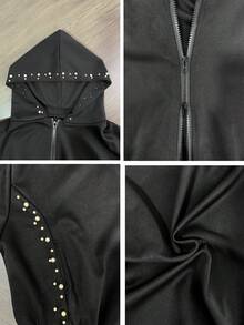 Sweet Cool Niche Style Pearl Decor Hooded Zip-Up Long Sleeve Jacket Women Autumn/Winter Cinched Waist Dropped Shoulder Loose Sweatshirt - Black - View 8