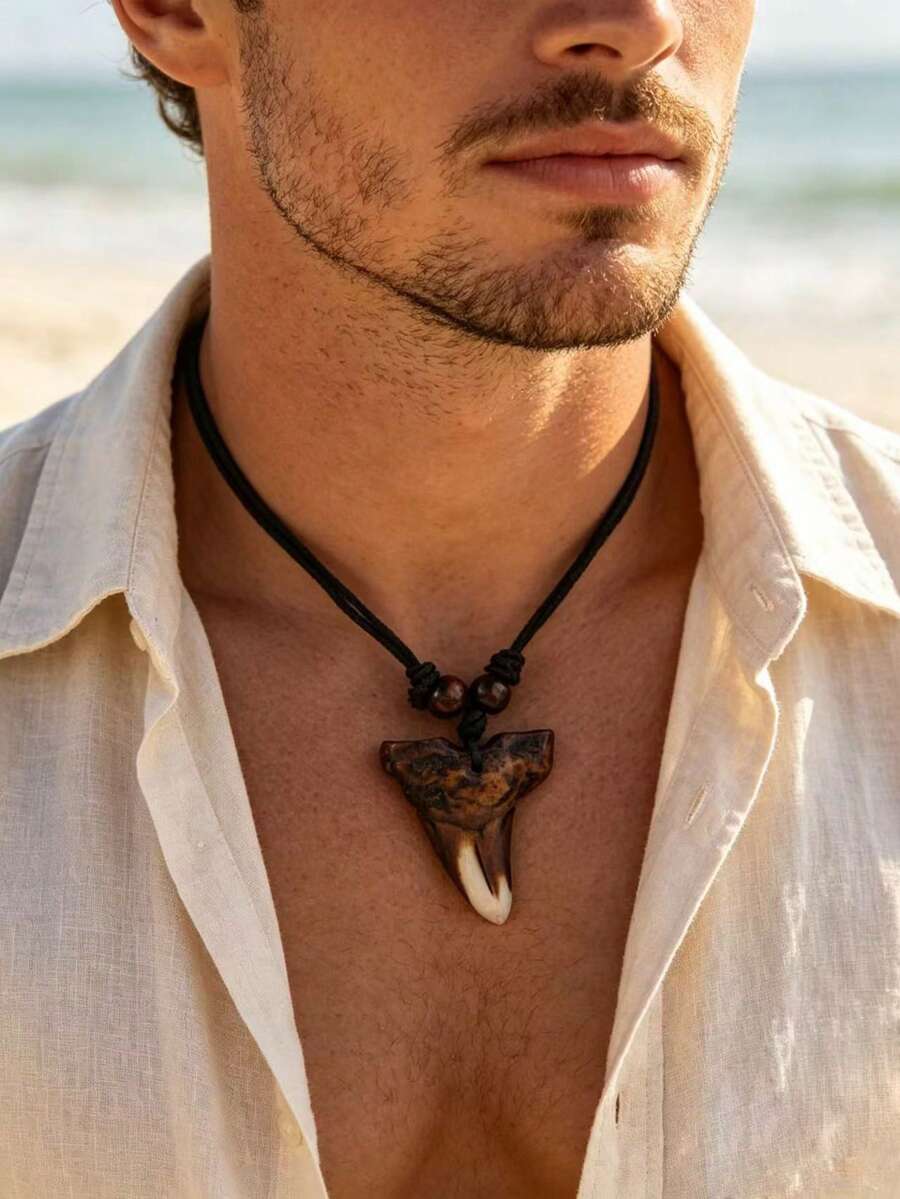 1pc Vintage Tooth Pendant Necklace, Elegant Personalized Men's Pendant Necklace - Coffee Brown - View 1