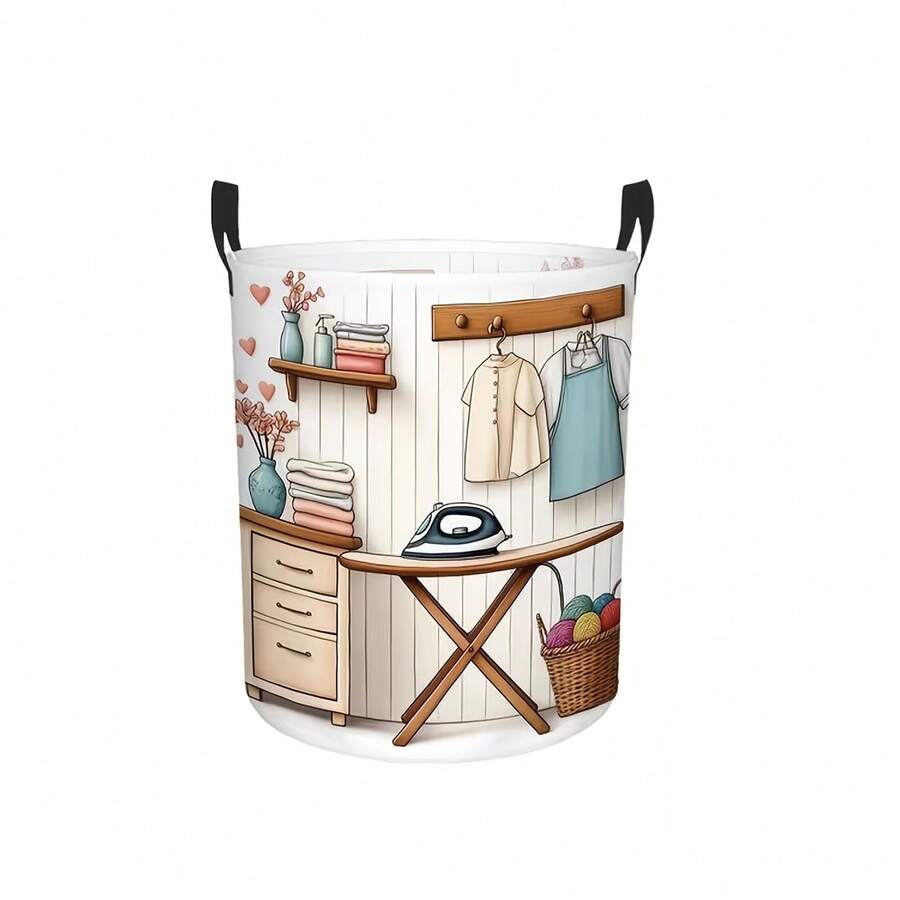 Foldable Laundry Basket, Cartoon Laundry Room Iron And Clothes Printed Storage Box, Round Dirty Clothes Hamper For Bathroom And Bedroom Home Decor - White Washing Machine - View 1