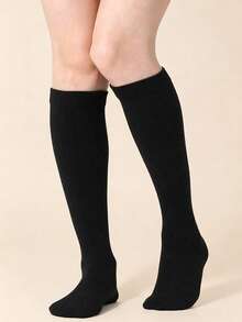 1/2/3 Pairs Women's Solid Color Calf Socks, Classic Plain Ribbed Cuff Knee-High Socks, Soft Comfortable Preppy Style Long Socks, Suitable For Uniform And Daily Wear - Multicolor - View 7