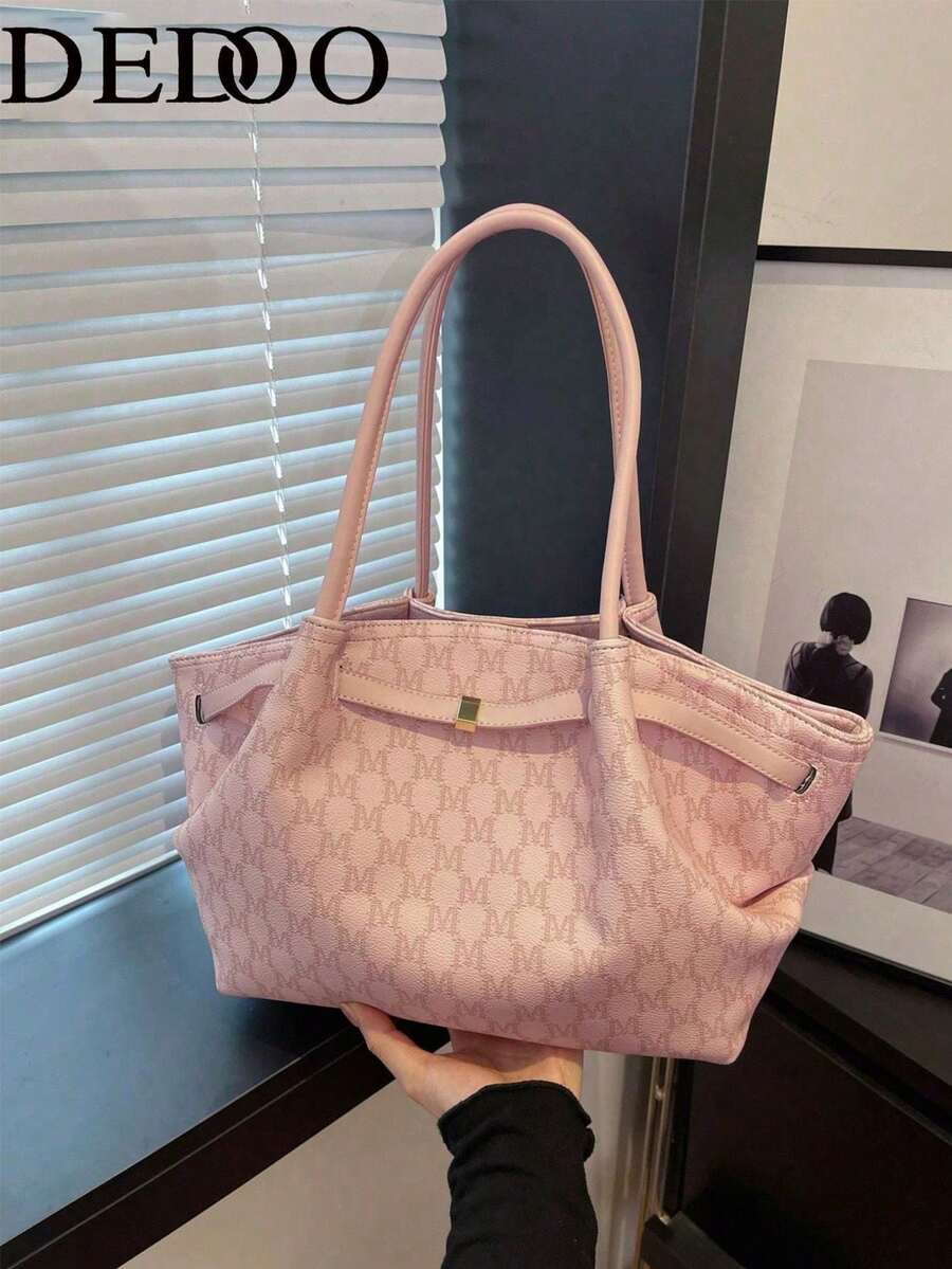 Dedoo 女款字母印花PU托特包，粉色手柄配金色扣環，大容量復古優雅單肩手提包，適合女性日常通勤、上學與購物